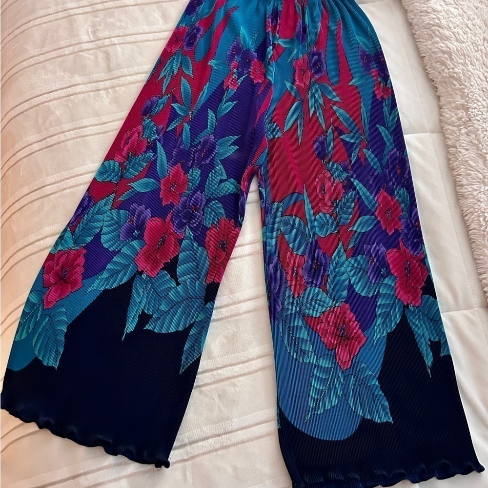 Vintage Tropical Womens Pants Wide Leg Sz M Stretch Waist Fuchsia Teal P…​​​​​​